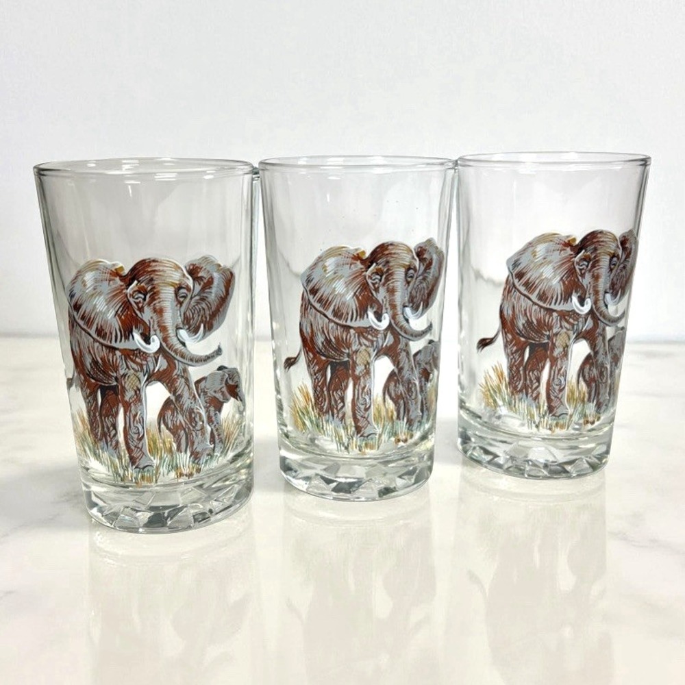 VTG Pasari Wildlife Safari Elephant with Baby Cocktail‎ Glasses Barware Set of 3